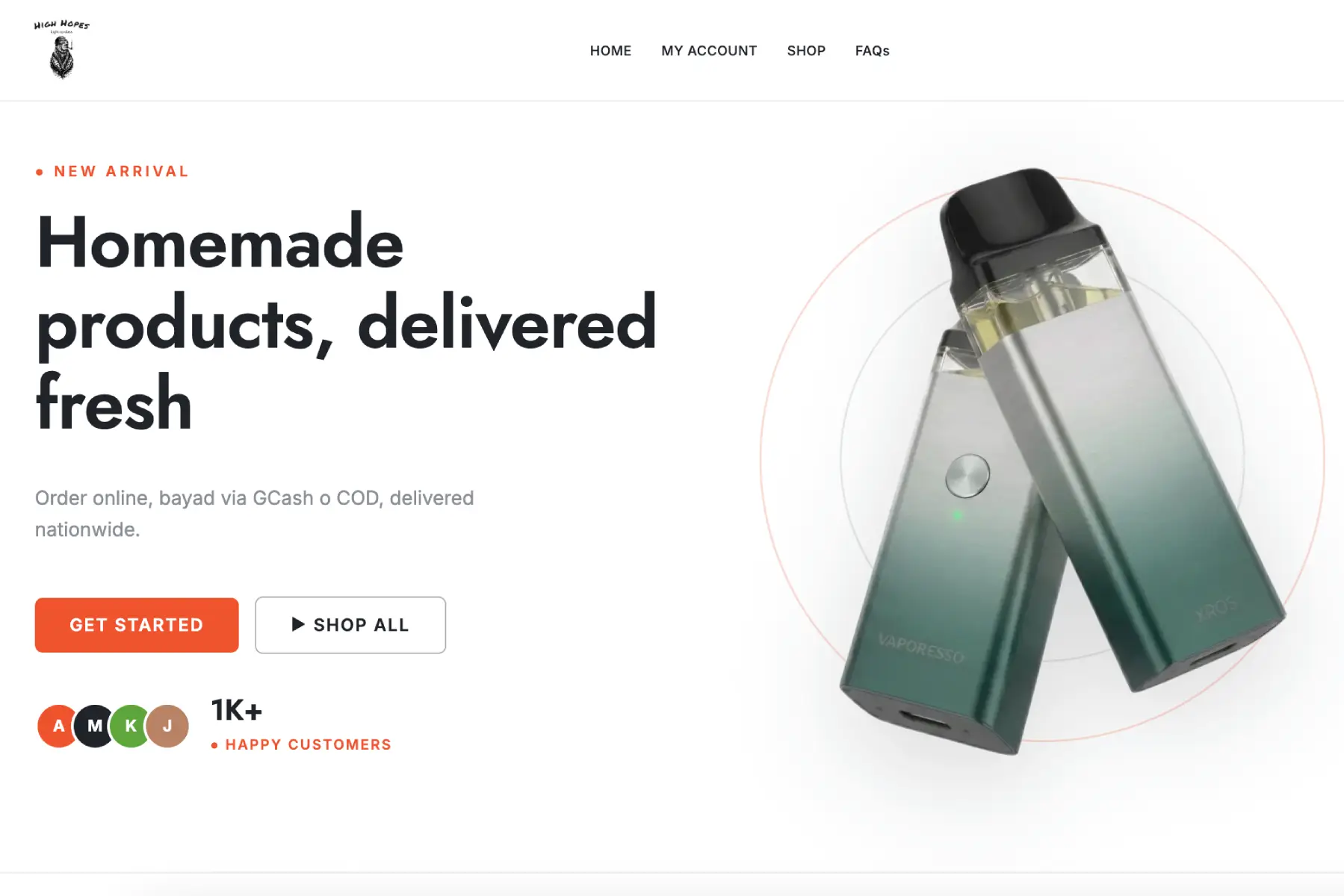 High hopes vape shop product page showing a vape device and accessories