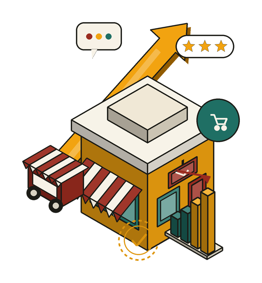 Isometric illustration of a small shop growing its business online